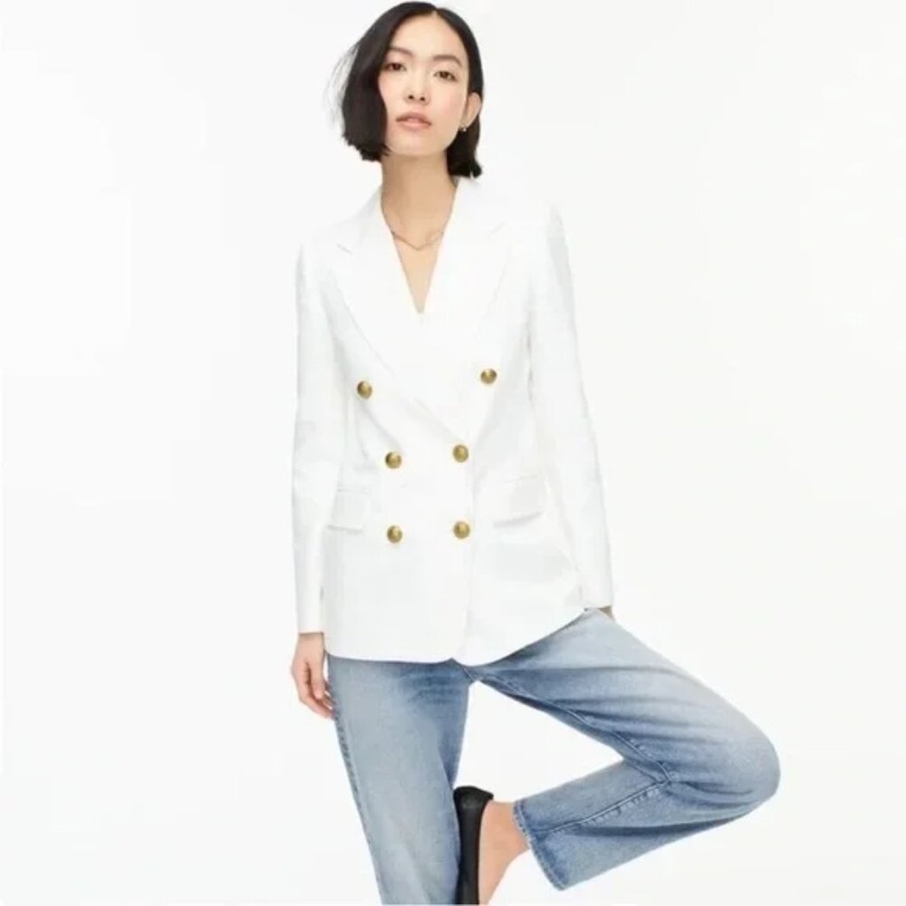 J.Crew Bristol Double‎ Breasted Blazer White Linen Blend Gold Crest Buttons 4